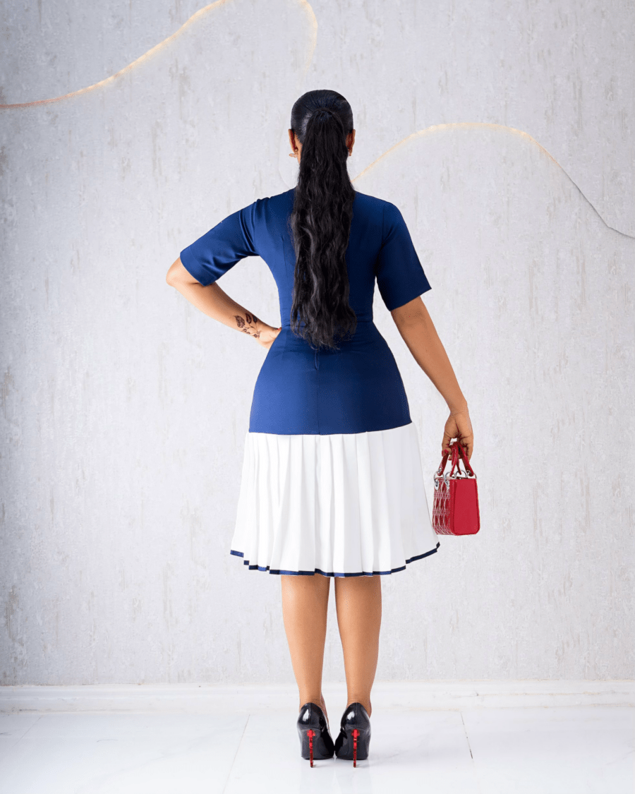 BLUE AND WHITE PLEATED DRESS